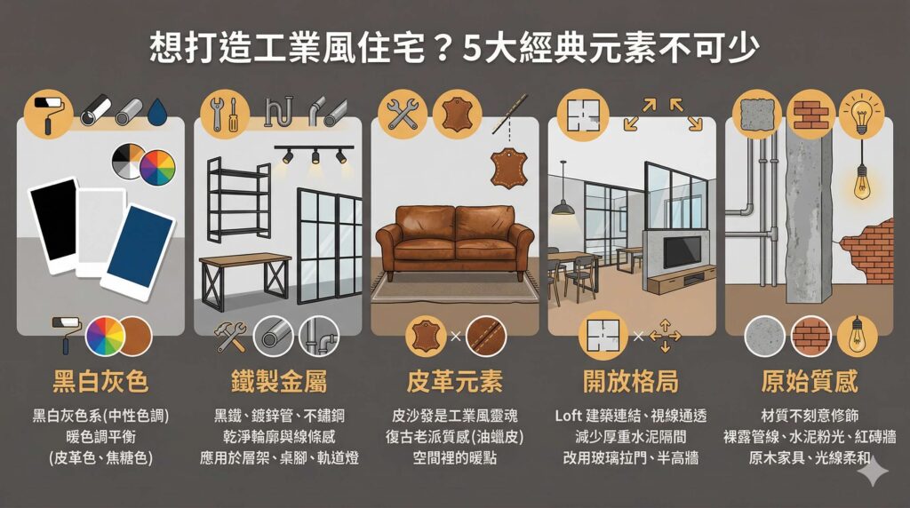 工業風住宅 5 大經典元素圖解，包含黑白灰色調、鐵製金屬、皮革元素、開放格局與原始質感材質說明。