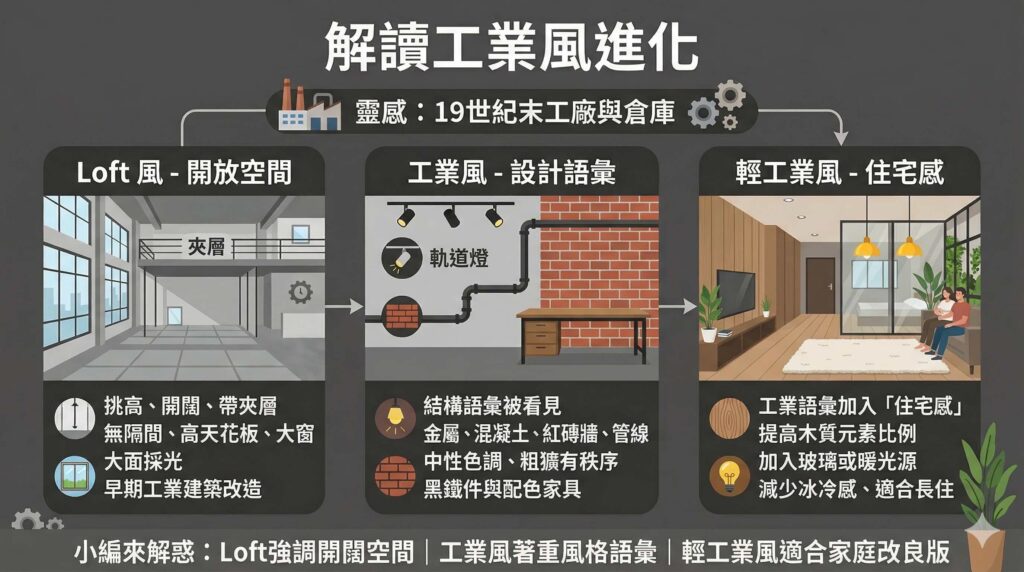 工業風裝潢演進比較表，圖解 Loft 風開放空間、工業風設計語彙與輕工業風住宅感的差異。
