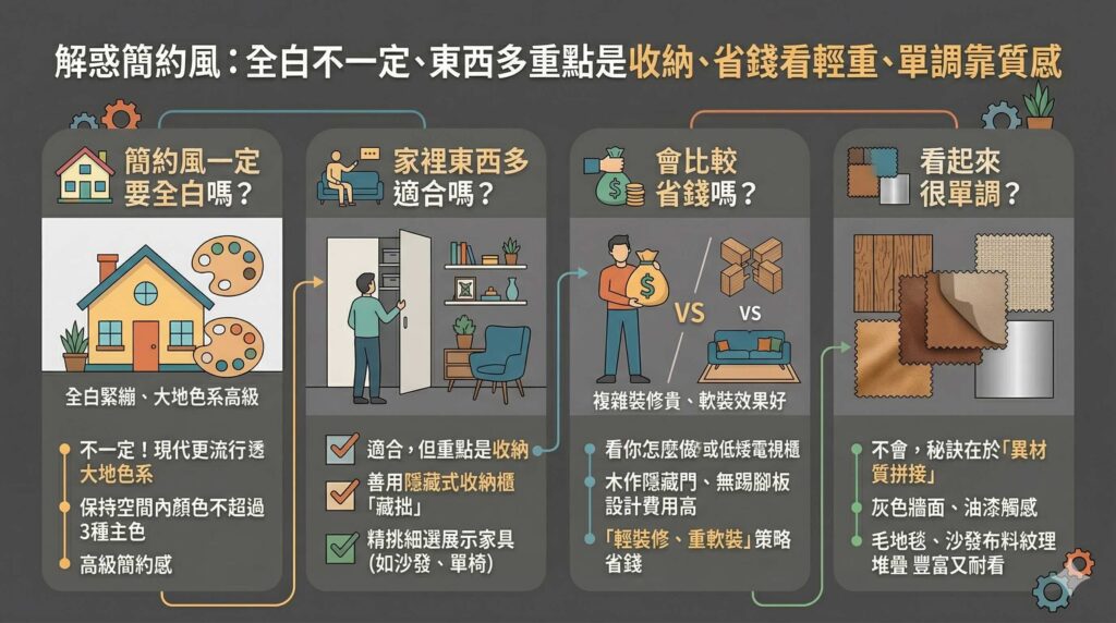 簡約風裝潢常見疑問解惑圖卡，詳細列出全白不一定（大地色系更流行、高級簡約感）、東西多重點是收納（隱藏式收納櫃「藏拙」、展示挑選家具）、省錢看輕重（木作費用高、軟裝投資省錢效果好）、單調靠質感（異材質拼接堆疊豐富耐看）的設計 Q&A 比較。