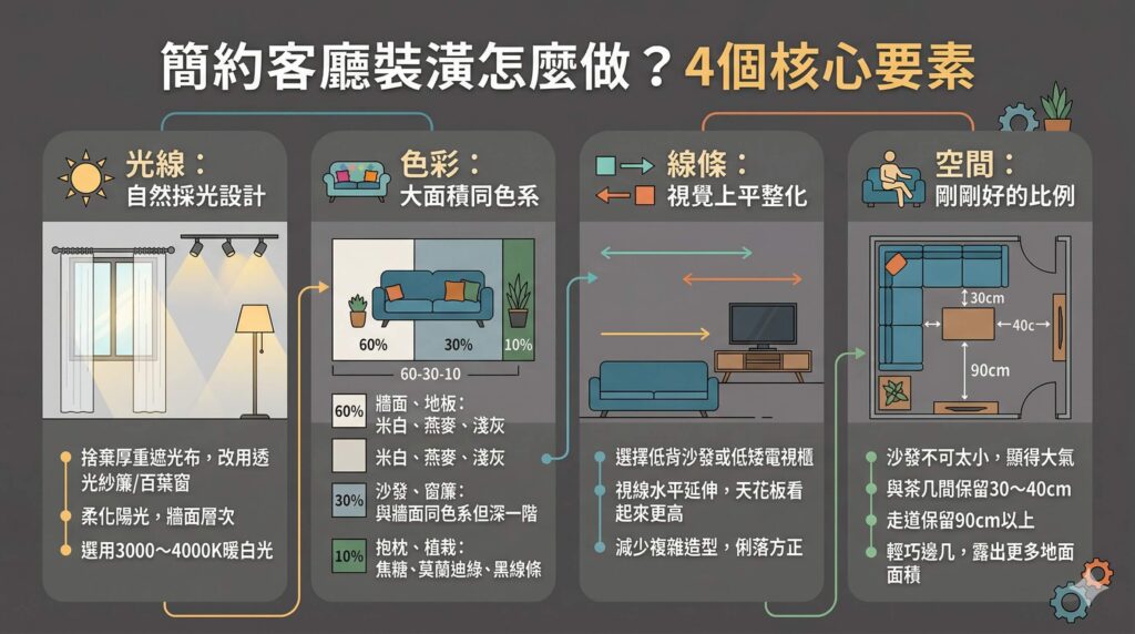 簡約客廳裝潢 4 個核心要素圖解，詳細列出自然採光設計（窗簾、暖白光）、色彩搭配法则（60-30-10同色系）、視覺上平整化（水平延伸、簡化造型）、剛剛好的空間比例（沙發大小、動線留白）的設計心法。