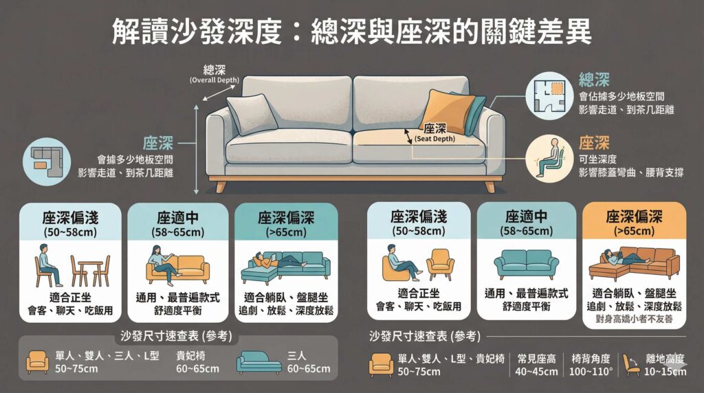 沙發深度挑選指南圖卡，清晰標示「沙發總深」與「沙發座深」的定義與差異，並提供常見沙發類型的尺寸速查表格。