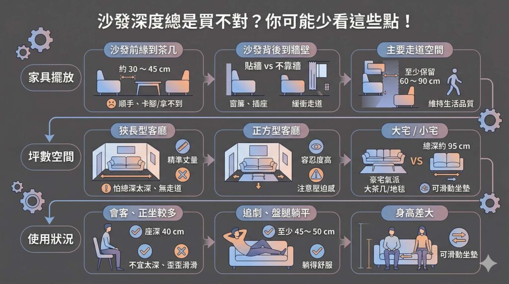 沙發深度挑選懶人包圖卡，詳細列出家具擺放（茶几、牆壁、走道距離）、坪數空間對應（狹長、正方、大宅、小宅格局）與使用狀況（正坐、躺平、身高差）的尺寸建議。