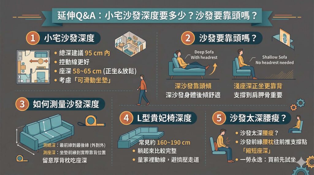 沙發深度延伸 Q&A 圖卡，解答小宅沙發總深建議、沙發是否需要靠頭、如何準確測量座深與總深、貴妃椅深度與腰痠解決方案。